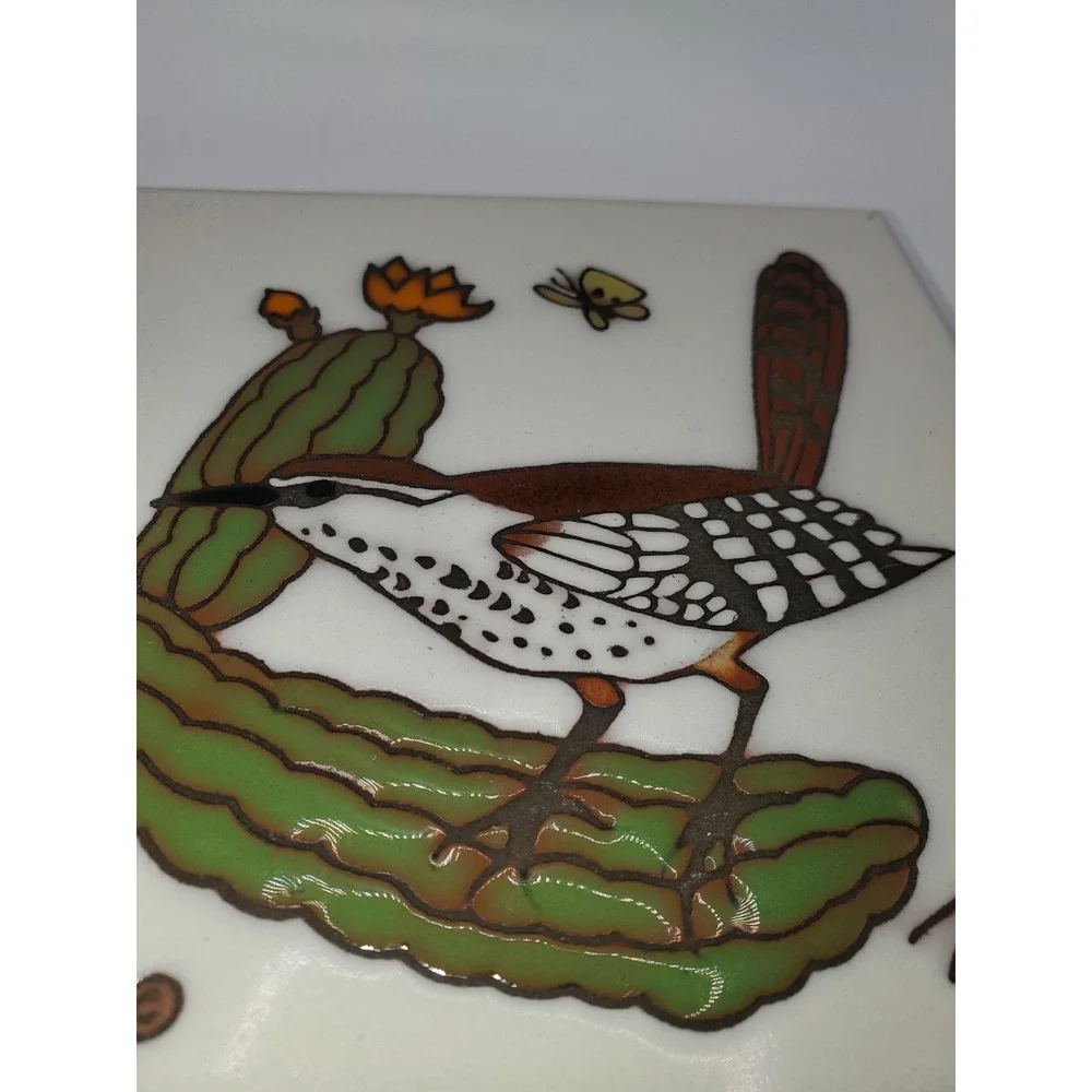 Cleo Teissedre Cactus Wren Saguaro Ceramic Tile Trivet Wall Decor Vintage 1982